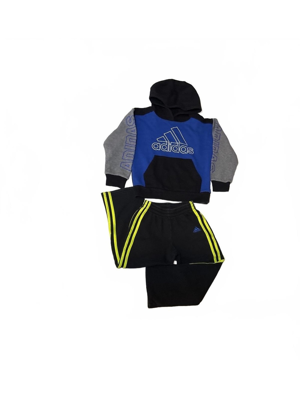 Adidas Boys Hoodie and Pants Set Size 6 Blue Grey Black Neon Tracksuit Lot